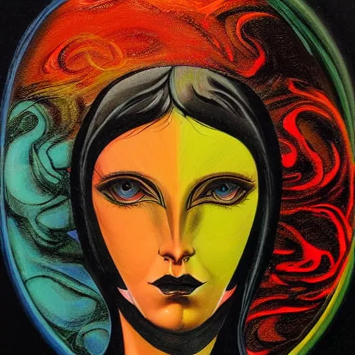 Image similar to Art in the style of Bob Peak, Gaia, Mother Earth, side portrait, mask inside mask