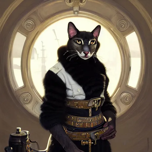 Image similar to portrait painting of a friendly tabaxi police officer with black and white fur, ultra realistic, concept art, intricate details, eerie, highly detailed, photorealistic, octane render, 8 k, unreal engine. art by artgerm and greg rutkowski and magali villeneuve and alphonse mucha