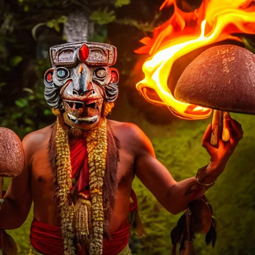 Image similar to an aztec monk with a monster mask is holding mushrooms in one hand, fire as the light source, close-up photography, dramatic scene