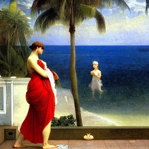 Image similar to Girl throwing gand signs at the palace, thunderstorm, pool, beach and palm trees on the background major arcana sky, by paul delaroche, alphonse mucha and arnold böcklin arnold böcklin hyperrealistic 8k, very detailed