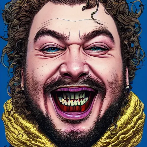 Image similar to portrait of post malone laughing, symmetrical, by yoichi hatakenaka, masamune shirow, josan gonzales and dan mumford, ayami kojima, takato yamamoto, barclay shaw, karol bak, yukito kishiro