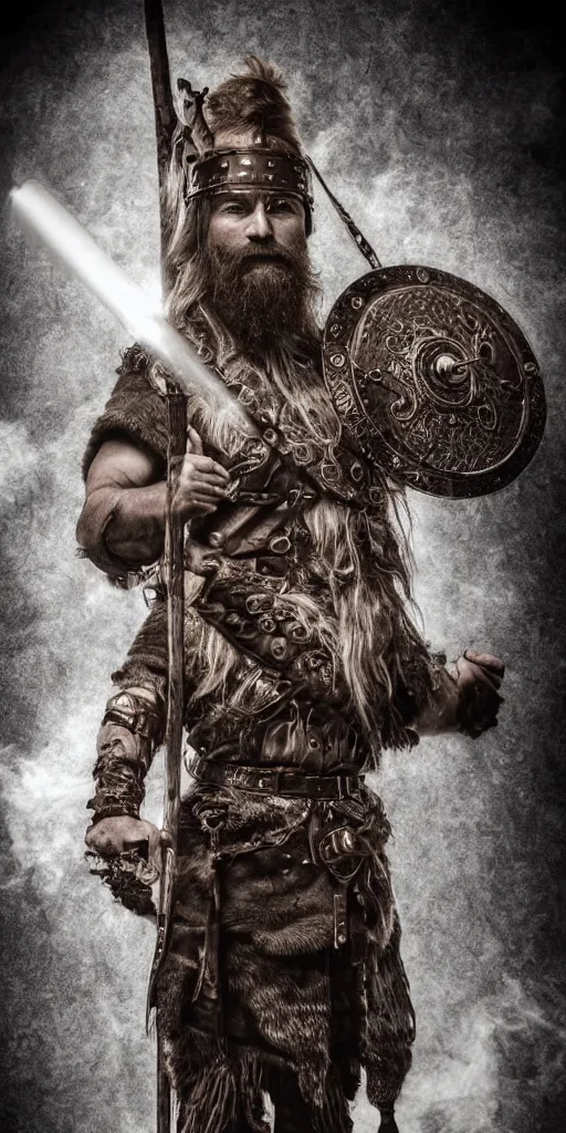 Image similar to old vintage full body photo of ancient viking warrior with full beard on the complex complex steam punk antigravity engine during viking event, extreme sports photography ,super high speed photography, dynamic photography,symmetrical face, clean face, muscular body, high speed,dirt and grawel in air, lens flares, dust partiles in the air, dramatic lighting, intricate, highly detailed, centered, smooth, sharp focus, sports photography, old photo, black and white, sepia, cinematic lighting, cinematic angle, national geographic