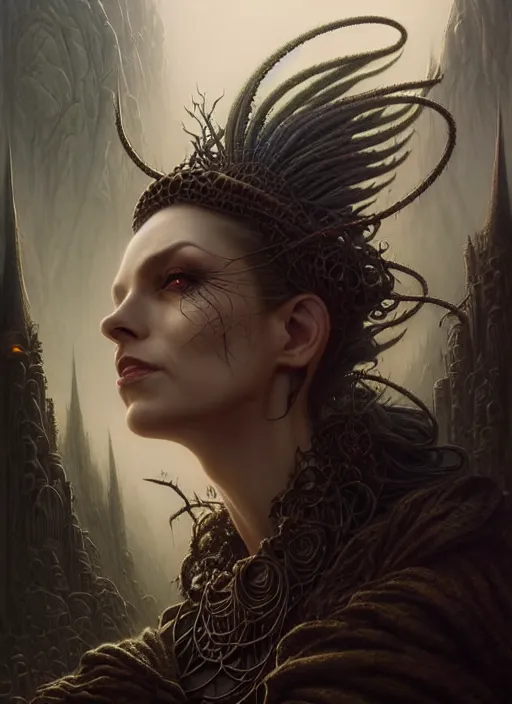 Image similar to portrait shot of an evil witch in a scenic dystopian environment, intricate, elegant, highly detailed, centered, digital painting, artstation, concept art, smooth, sharp focus, illustration, artgerm, tomasz alen kopera, peter mohrbacher, donato giancola, joseph christian leyendecker, wlop, boris vallejo