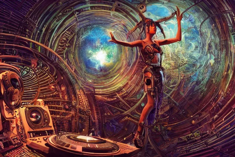Prompt: a fisheye lens photo of a post apocalyptic tribal cyborg dj goddess tweaking and playing synthesizers in the most complicated and technical spiral fractal musical studio, powerful, cinematic, beautifully lit, by donato giancola, by artgerm, by karol bak, 3 d, perfect face and body, trending on artstation, octane render, 8 k