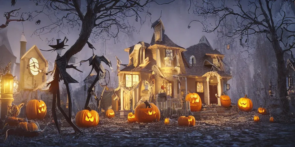 Image similar to a scene from tim burtons nightmare before christmas, halloween town, illustration, reality, wide shot, light colors, highly detailed, sharp focus, cinema 4 d, 3 d, octane render