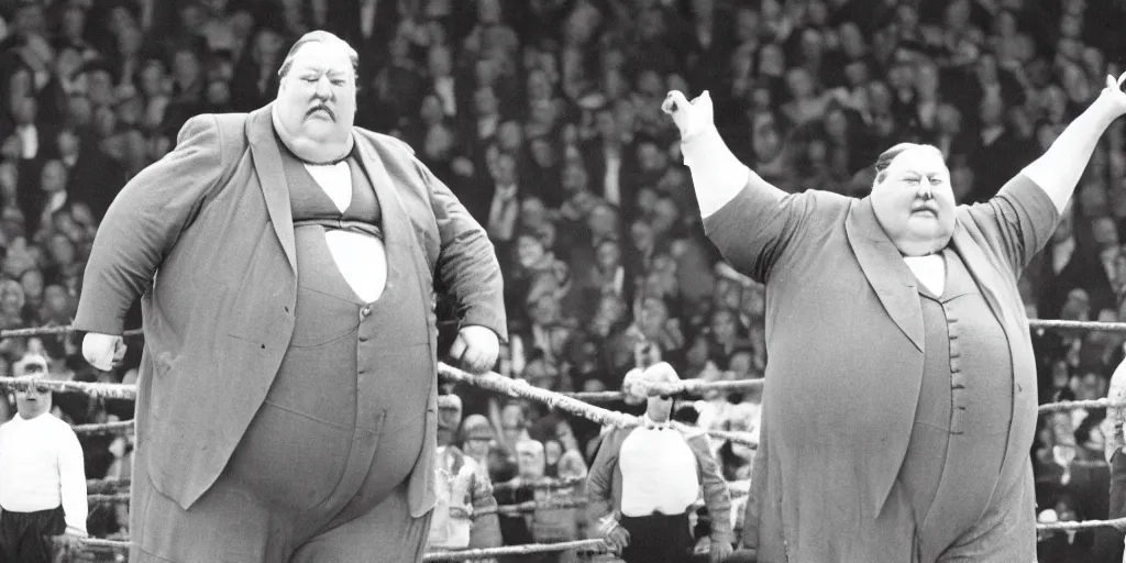 Prompt: very very massively giant morbidly obese william howard taft in wrestlemania, realistic photo