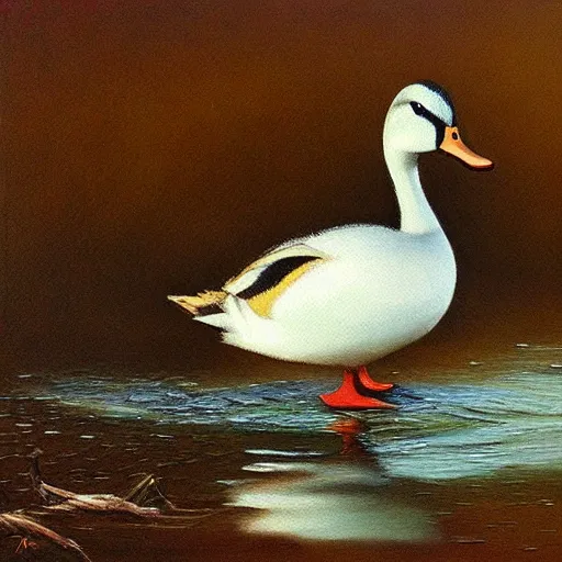 Prompt: a duck on the prowl oil painting morteza katouzian