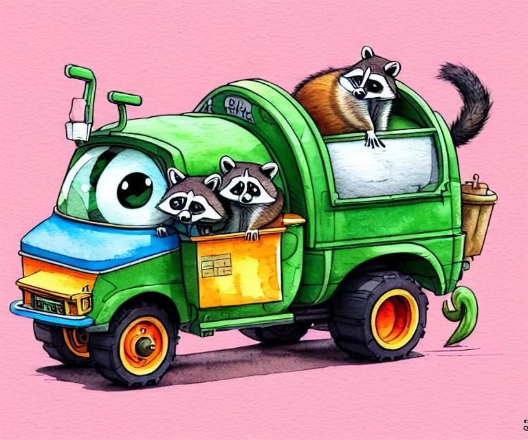 Image similar to cute and funny, racoon driving a tiny garbage truck, ratfink style by ed roth, centered award winning watercolor pen illustration, isometric illustration by chihiro iwasaki, edited by craola, tiny details by artgerm and watercolor girl, symmetrically isometrically centered