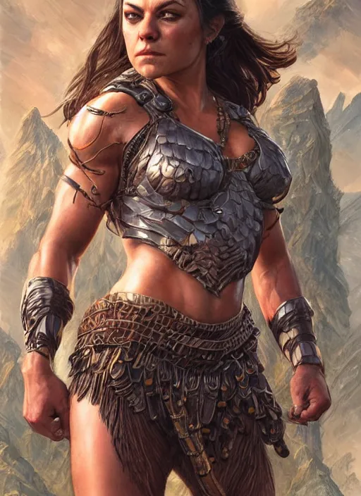 Image similar to Mila Kunis as a very muscled rugged looking Amazon, intricate, elegant, highly detailed, centered, digital painting, artstation, concept art, smooth, sharp focus, illustration, art by artgerm and donato giancola and Joseph Christian Leyendecker, WLOP