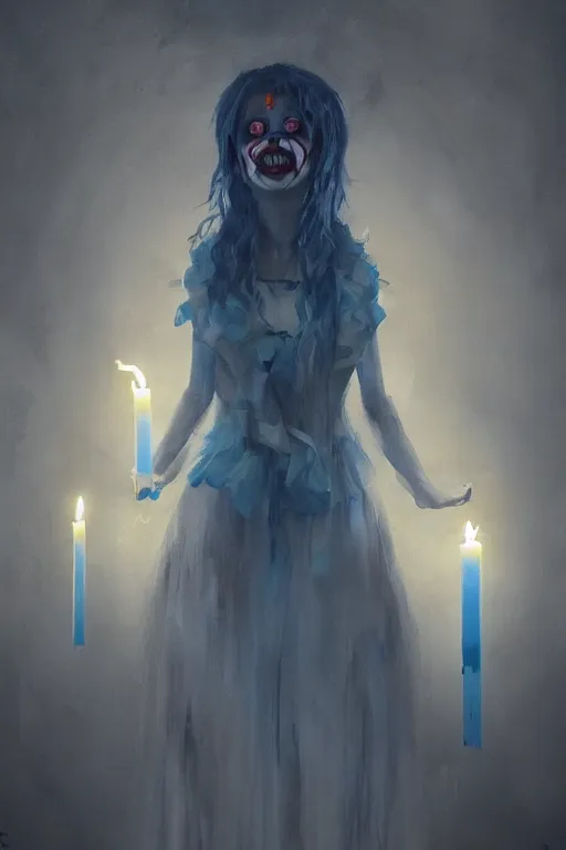 Prompt: Spirit of a creepy clown girl with blue and yellow ribbons in her hair holding a candle in the middle of the room, horror, illustrated by Greg Rutkowski , Trending on artstation,