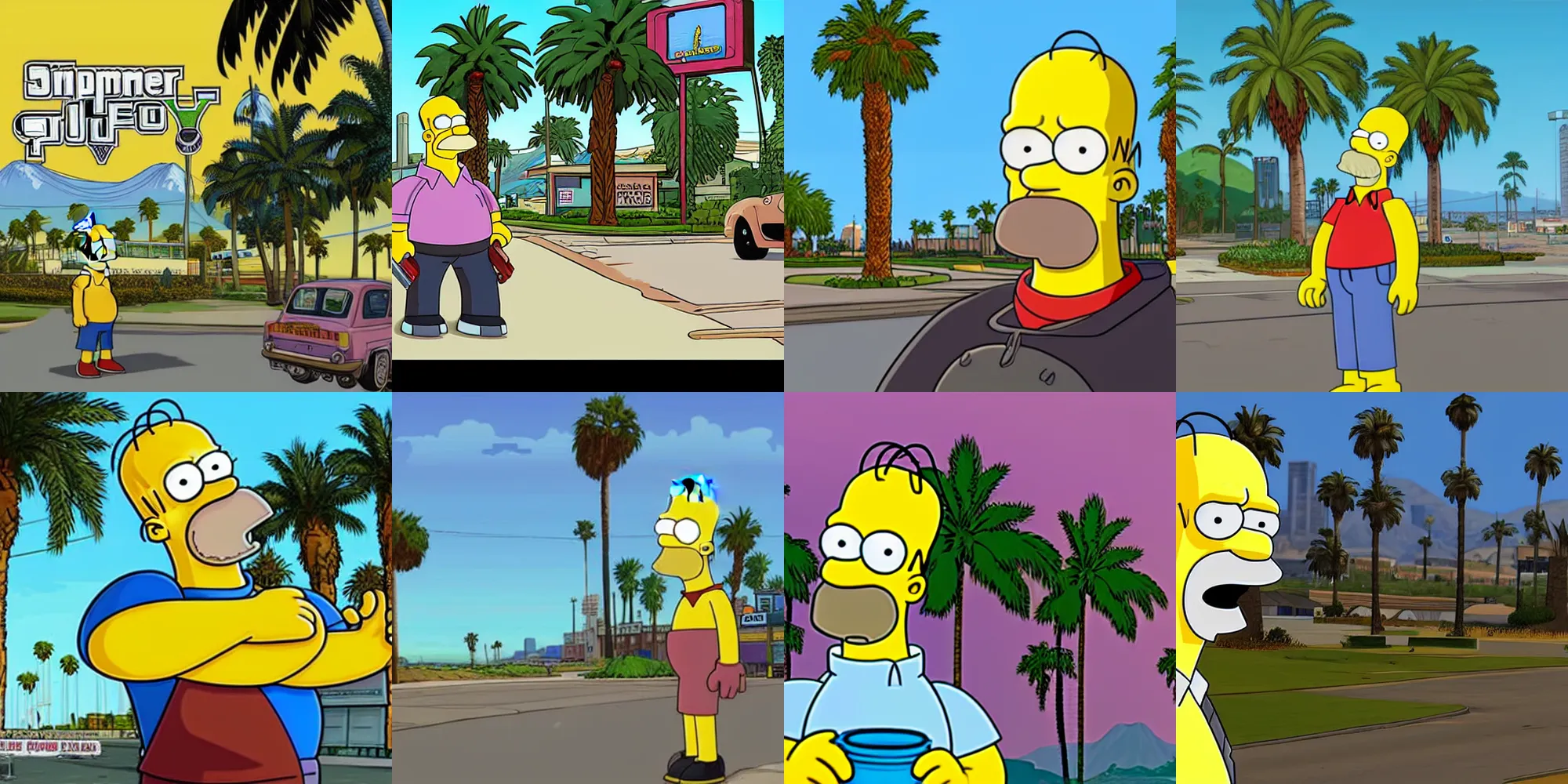 Prompt: Homer Simpson in GTA V. Los Santos in the background, palm trees. In the art style of Stephen Bliss