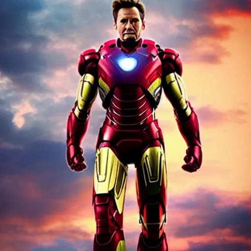 Image similar to jim carrey in an iron man suit, cinematic lens, heroic pose, wide shot, from avengers endgame