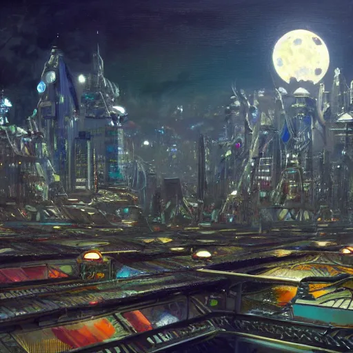 Image similar to an intricate, detailed painting of a rooftop in the futuristic city that has many aerials and structures on top with a huge, realistic moon in the background, dramatic lighting, 4k, trending on artstation, by John Berkey