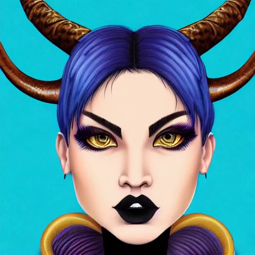 Image similar to illustrated portrait of ram-horned devil woman with blue bob hairstyle and hex #FFA500 colored skin tone and with solid black eyes wearing leather by rossdraws