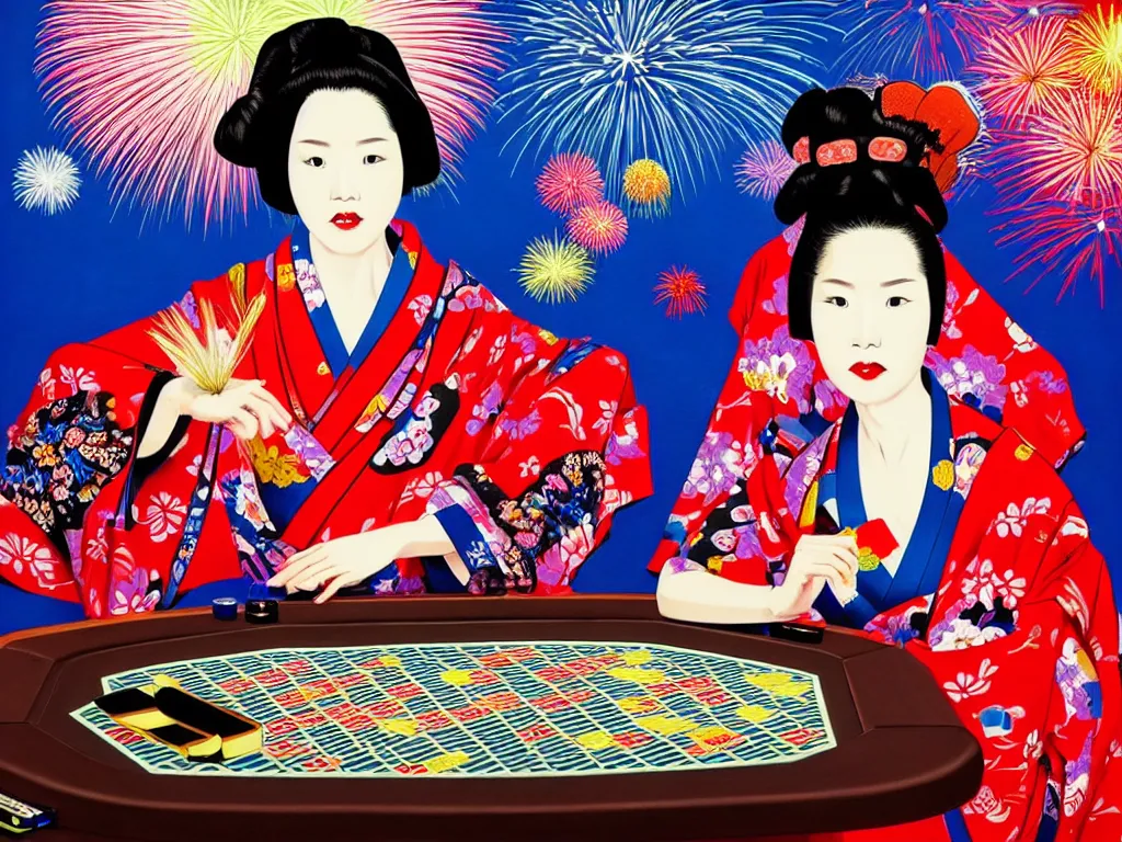 Image similar to hyperrealistic composition of the detailed woman in a japanese kimono sitting at a poker table with detailed darth vader, fireworks, mount fuji on the background, pop - art style, jacky tsai style, andy warhol style, acrylic on canvas