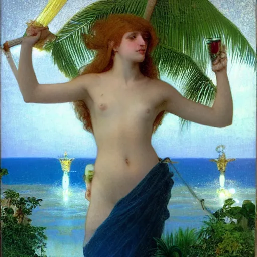 Image similar to Close up of the girl's chalice, refracted sparkles, thunderstorm, greek pool, beach and Tropical vegetation on the background major arcana sky, by paul delaroche, alphonse mucha and arnold böcklin, hyperrealistic 8k, award-winning, very very very detailed