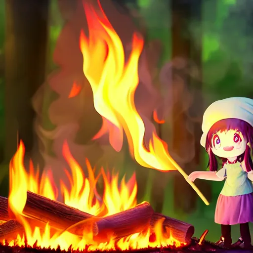 Prompt: cute fumo plush manic happy witch pyromaniac girl giddily starting a huge bonfire in the forest, anime, burning flames, warm glow and volumetric smoke vortices, filmic, rule of thirds composition, vignette, vray