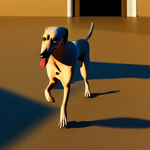 Prompt: goofy greyhound walking into glass door, photorealistic, unreal engine, realistic lighting, dynamic shadows, golden hour, artstation, 4 k