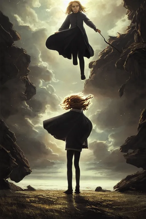 Image similar to Poster artwork, Emma Watson as Hermione Granger, fading!!!, dissolving!!! into light!!!, vanishing!!!, magnificent, medium shot, close up, details, sharp focus, elegant, highly detailed, illustration, by Jordan Grimmer and greg rutkowski and PiNe(パイネ) and 薯子Imoko and 香川悠作 and wlop!! and maya takamura, intricate, beautiful, Trending artstation, pixiv, digital Art