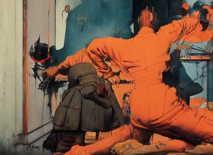 Prompt: a still from the movie enemy at the gates by francis bacon and norman rockwell and james jean, and mark brooks, triadic color scheme, by greg rutkowski, syd mead and edward hopper and norman rockwell and beksinski, dark surrealism, orange and turquoise