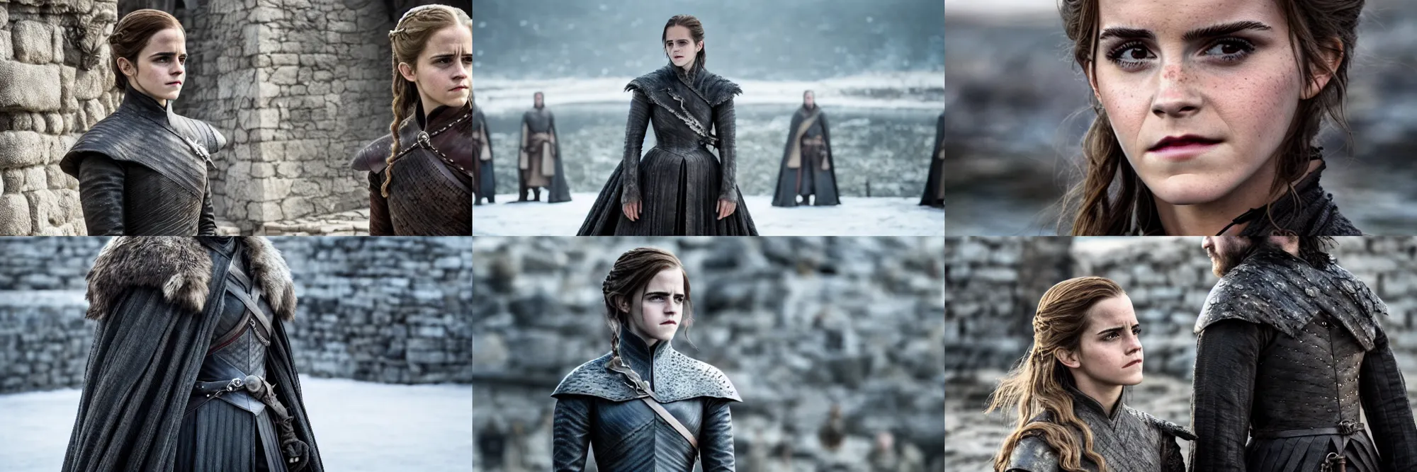 Prompt: medium shot of emma watson in game of thrones season 3, location : king's landing, promotional image, detailed face, movie still frame, imax 5 0 mm film