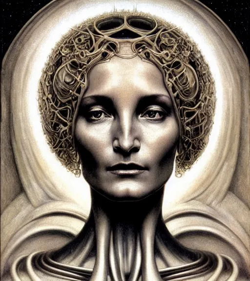 Image similar to detailed realistic beautiful young alien robot jessica lange as queen of mars face portrait by jean delville, gustave dore and marco mazzoni, art nouveau, symbolist, visionary, gothic, pre - raphaelite. horizontal symmetry by zdzisław beksinski, iris van herpen, raymond swanland and alphonse mucha. highly detailed, hyper - real, beautiful