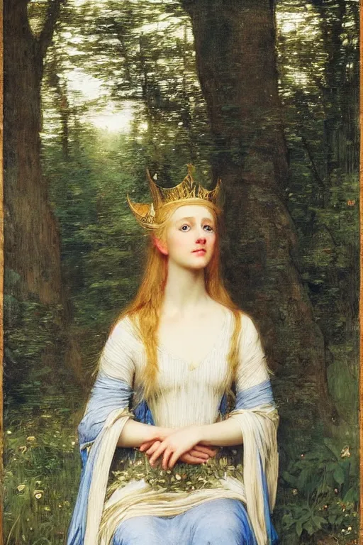 Prompt: portrait of a blue eyed, blonde haired crowned queen of summer with light elvish overtones and a forest background by John WIlliam Waterhouse