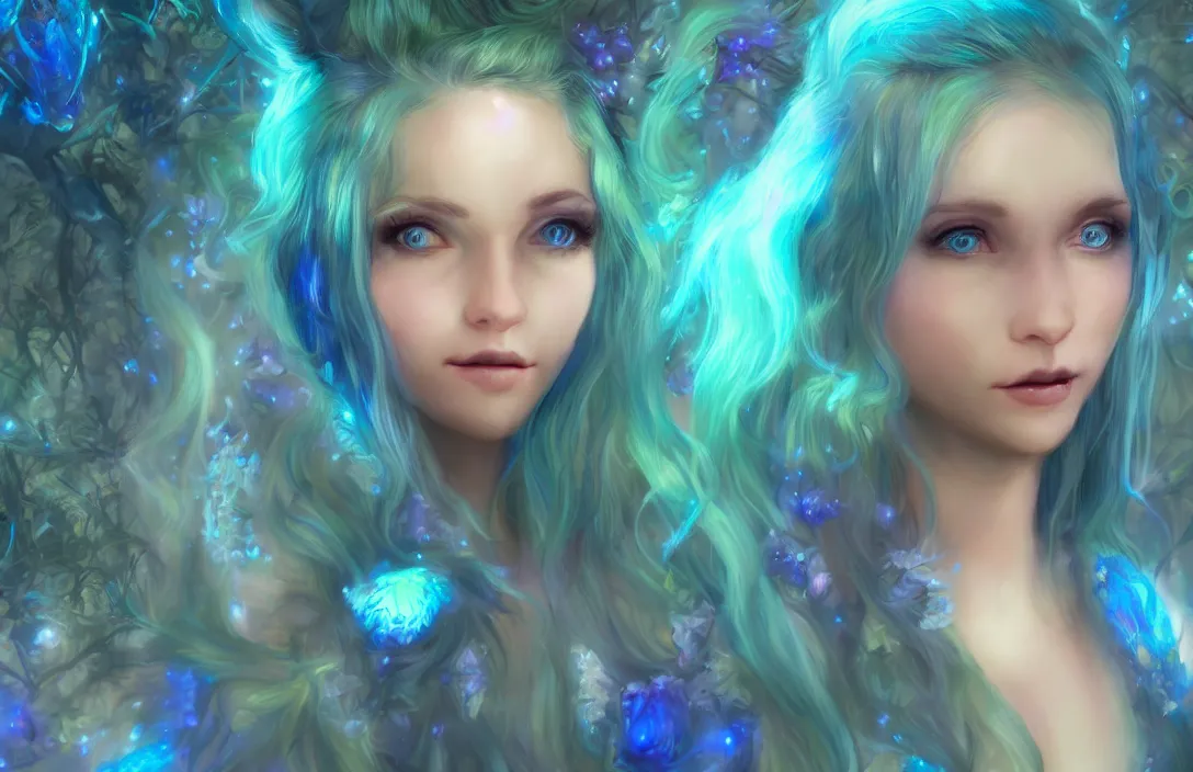 Image similar to beautiful fairie girl with flowing blue hair ( accurate facial details ) ( accurate body details ), walking through a bioluminescent magical forest, magical, dreamy, cinematic lighting, beautiful lighting, hyperdetailed 4 k artstation