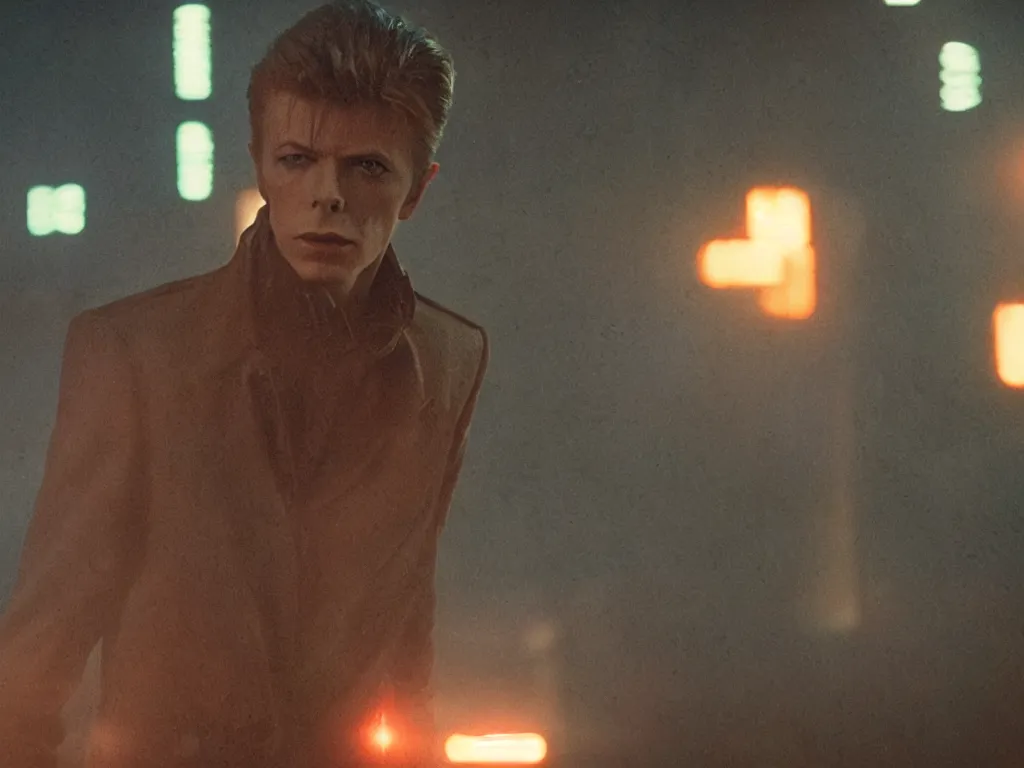 Prompt: young David Bowie, close-up, film still from Blade Runner 2049, beautiful lighting, raining, neon lights, cinematic, depth, ultra-sharp details