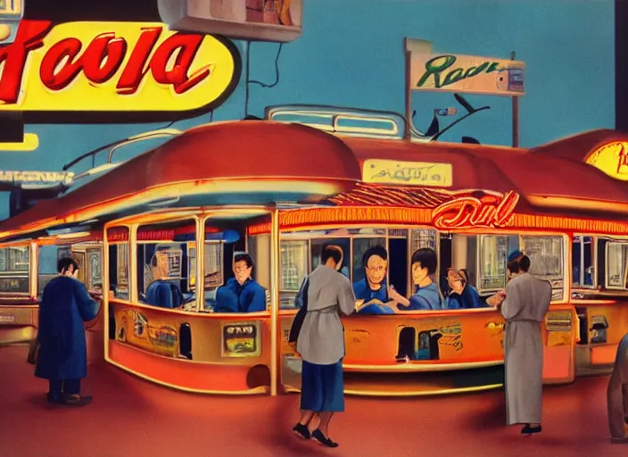 Image similar to diner, 1950s,jukebox,8K, by akira toriyama