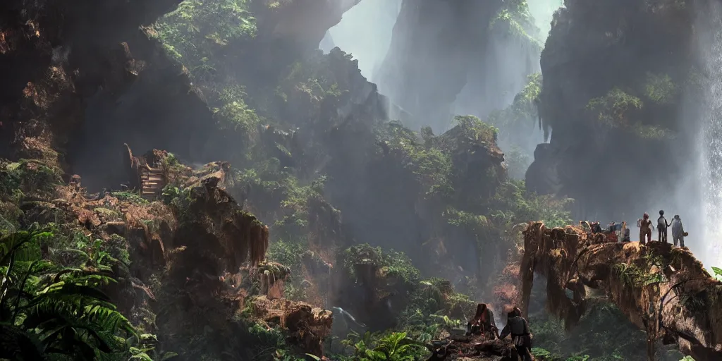 Prompt: a film still from uncharted by craig mullins, of a hidden pirate ship in a volcanic waterfall cave from, medium shot, waist up, studio ghibli, pixar and disney animation, sharp, rendered in unreal engine 5, bloom, dramatic lighting