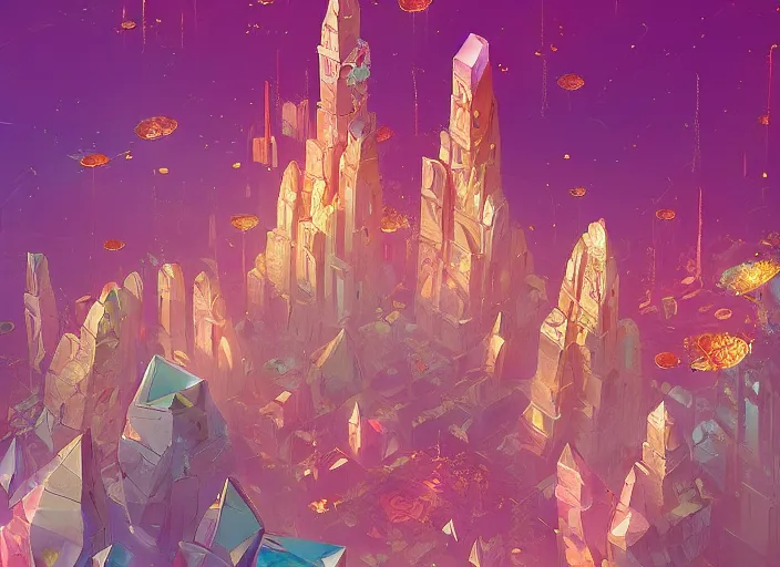 Image similar to shimmering crystal city made of diamond and rose quartz with gold decoration, sparkling in the sunlight, surrounded by flowers. trending on artstation, by anton fadeev.