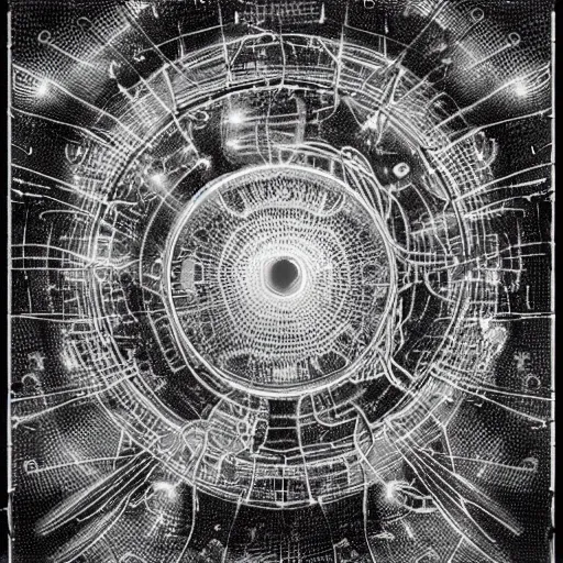 Image similar to a black and white drawing of a chrome space station filled with equipment, a microscopic photo by ernst haeckel, zbrush central, kinetic pointillism, bioluminescence, intricate patterns, photoillustration