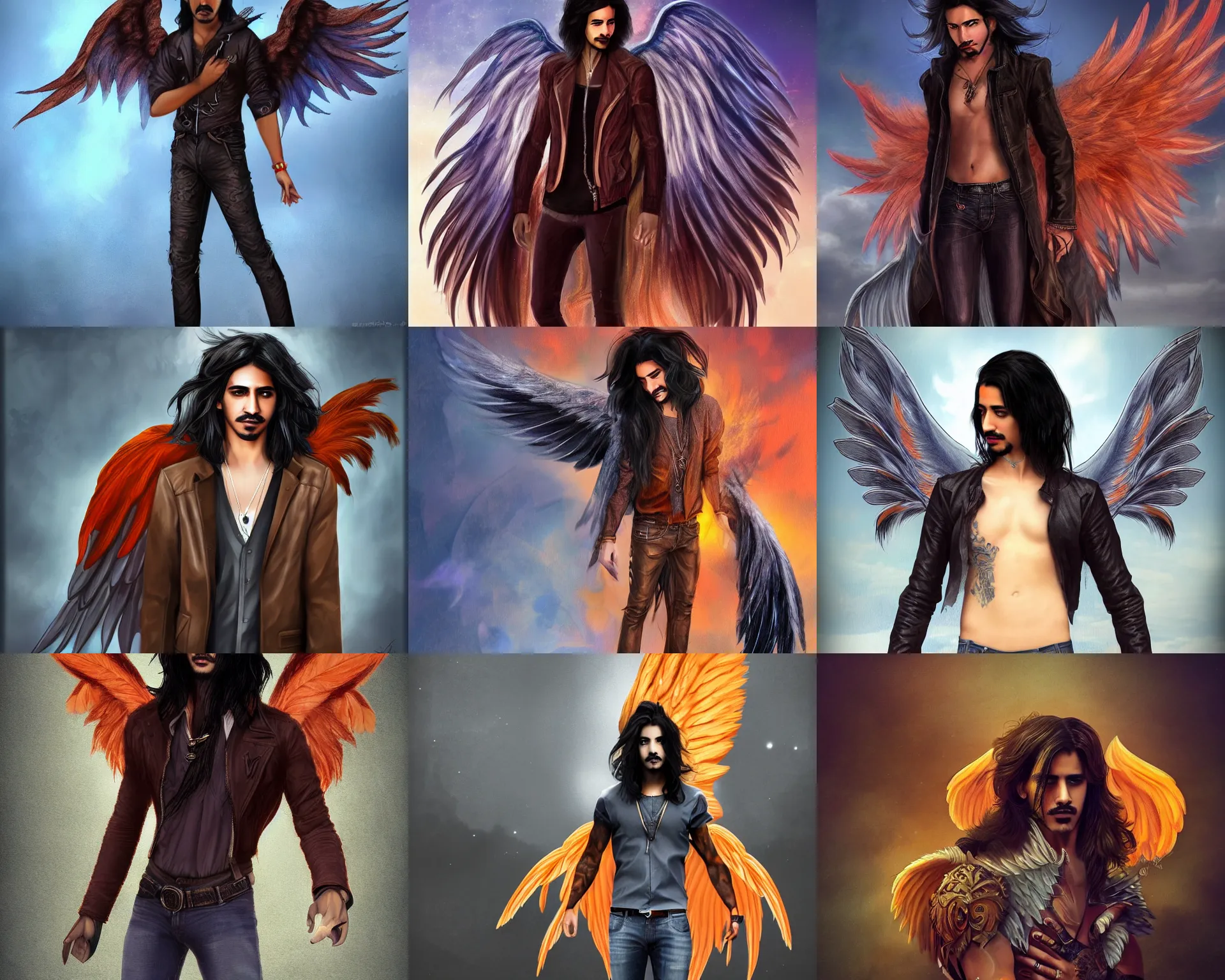 Prompt: male angel avan jogia with large wings. Orange feathers. Jacket and jeans. Smooth brown skin. Long black hair. Distant full body shot. detailed urban fantasy digital art, trending on artstation