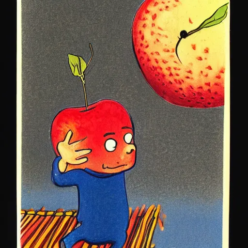 Prompt: man clinging to an apple floating to space by shel silverstein.