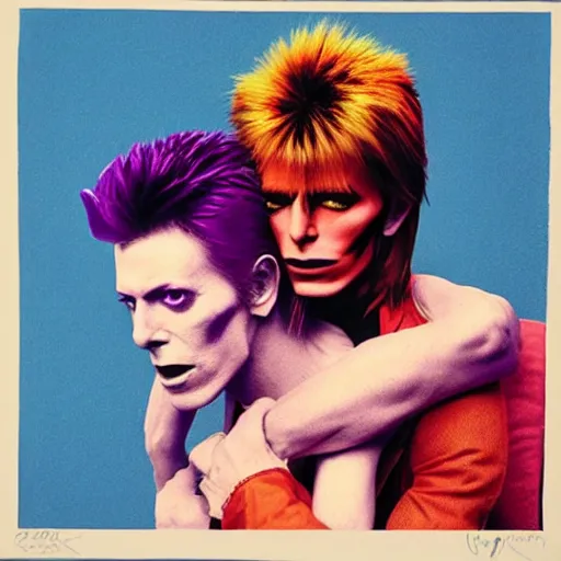 Image similar to david bowie from changes giving a piggy back ride to ziggy stardust. glam rock. colorful. by andy warhol