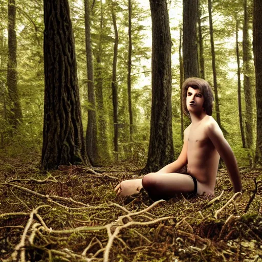 Image similar to a teenage boy, around 2 3 years old with necklace, natural brown hair, loincloth, pale skin, detailed face. sitting in ominous and eerie looking forest. natural colors. realistic photo.