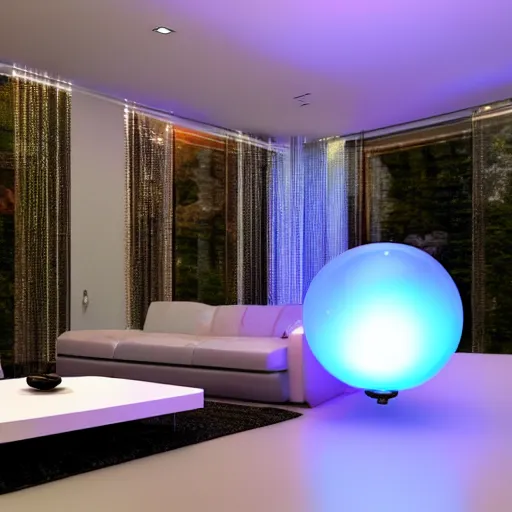 Image similar to crystal ball with mini modern house with led strip lights inside it, octane render hyperdetailed,