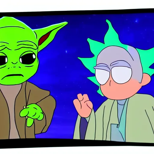 Prompt: Baby Yoda and Rick Sanchez meet in Rick and morty together digital art 4k detailed super realistic