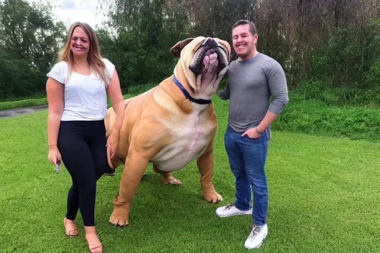 Image similar to a person standing next to a giant bulldog and the bulldog is five times taller then the person