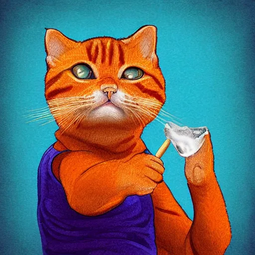 Prompt: An orange tabby cat smoking with a cigar in its mouth, digital art