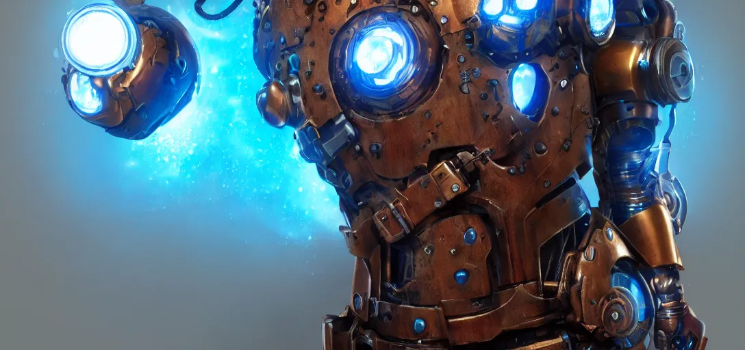 Prompt: steampunk Ironman , details, smooth, sharp focus, illustration, realistic, cinematic, artstation, award winning, rgb, ethereal blue lighting, 8K,