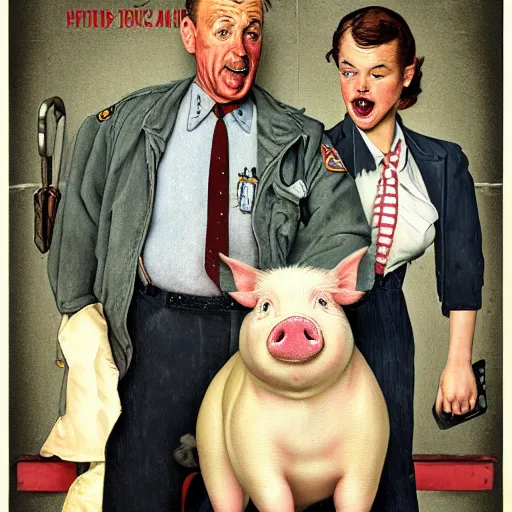 Image similar to hybrid of pig and nyc policeman, annoyed, ultra detailed, photo realistic, style of norman rockwell.