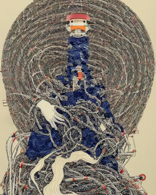 Prompt: Hokusai portrait of a robot saint made of cables and robotic pod by James Jean