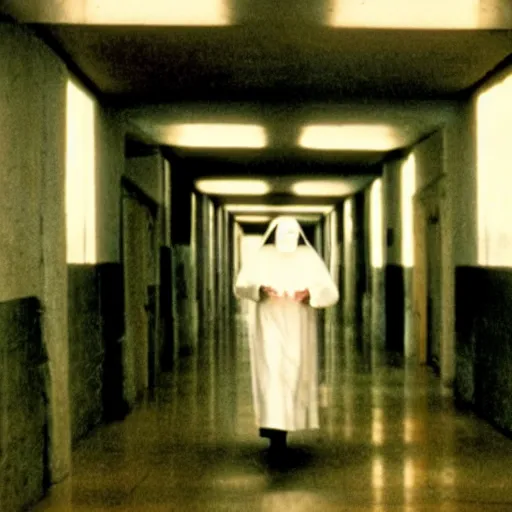 Image similar to a nun walking in the danvers state hospital. still from blade runner.