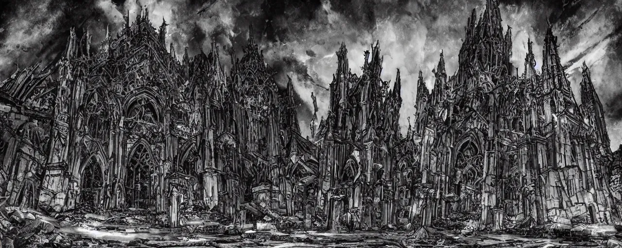 Image similar to gothic church, megalopolis, destroyed city, ultra detailed, miura kentaro style, tsutomu nihei style,