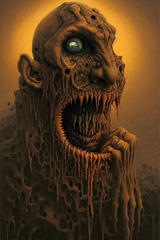 Image similar to potrait of a scary monster that has crooked teeth a weird accent and drinks hot water, by zdzislaw beksinski, by dariusz zawadzki, by wayne barlowe, gothic, surrealism, cosmic horror, lovecraftian, cold hue's, warm tone gradient background, concept art, beautiful composition