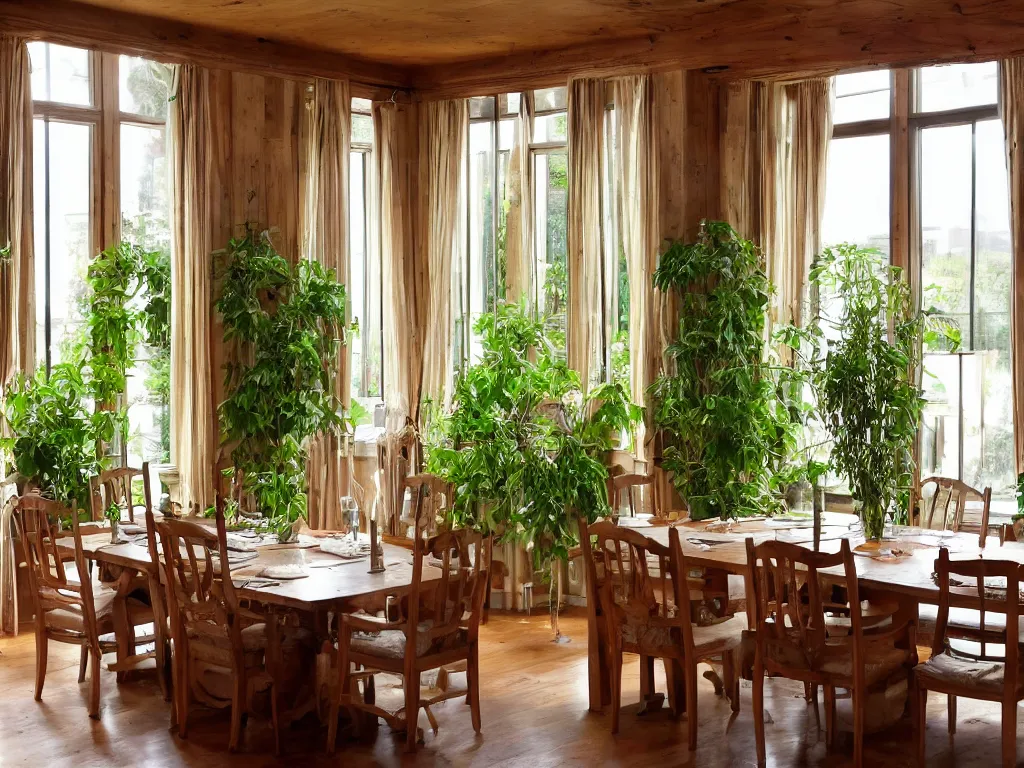 Image similar to interior shot of an old large dining room with wooden panels, large windows, lots of plants, satin curtains