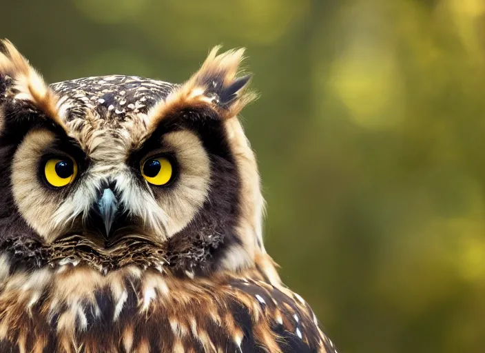 Prompt: an award winning photo of an owlbear, enviromental portrait, forest, 4 k, wildlife photography, high quality, national geographic