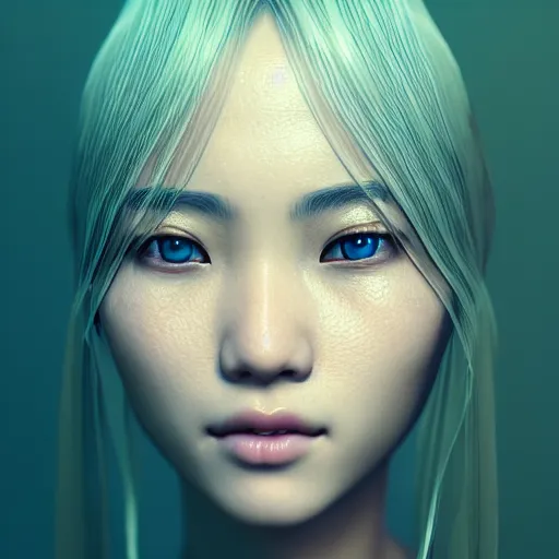 Image similar to intricate highly detailed face portrait of asian - european woman, light aqua water vines on her face, intricate, cgsociety, unreal engine, octane render, sharp focus, smooth, volumetric lighting, cinematic composition, artstation